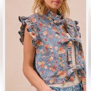 BiBi Cowgirl Floral Washed Denim Tie Bow Front Vest with Ruffle Trim Sleeveless